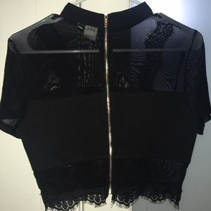 Sheer black lace mesh bandeau high neck crop top